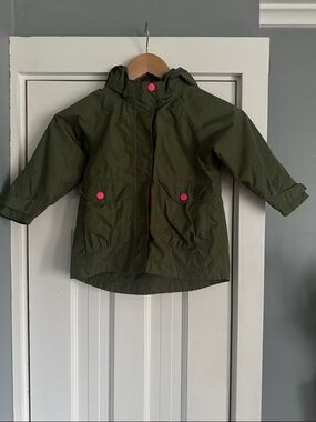 H&M Olive Green Hooded Raincoat with Pink Button Accents